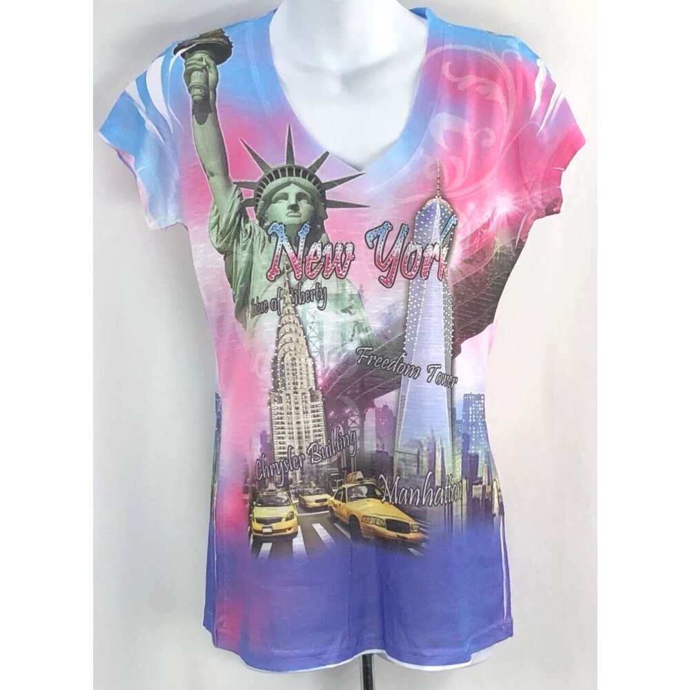 Miss Posh New York T Shirt Tee S/M Pastel Multi Tie Dye Beaded V-Neck Manhattan